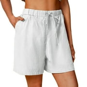 shorts for women women casual solid high waist cotton and linen shorts womens elastic waist summer shorts white